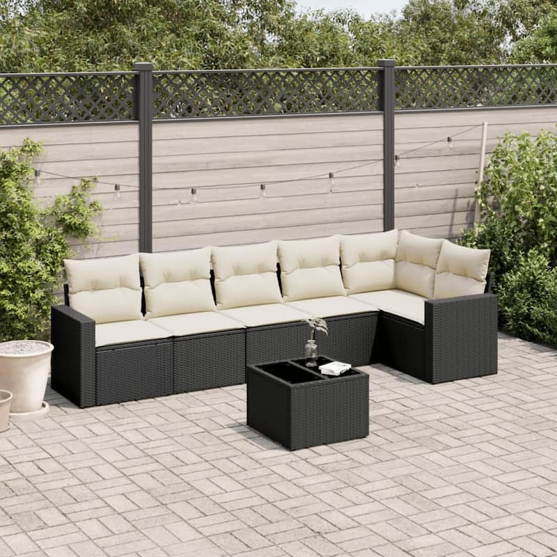 vidaXL Garden Sofa Set 7 Piece with Cushions Outdoor Sofa Couch Poly Rattan - 24.4 x 25.8 x 27.2 in (W x L x H) - With table