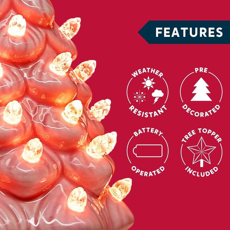 7" Pink Ceramic Christmas Tree, Prelit Tabletop Christmas Tree with Extra Clear Top Star & Bulbs