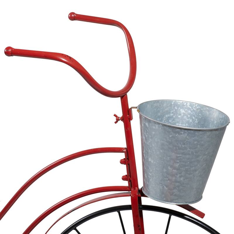 Metal Bike Indoor Outdoor Plantstand with Silver Basket and Saddle Bag Planters - Red - Roche River Decor - 21"W x 56"L x 38"H