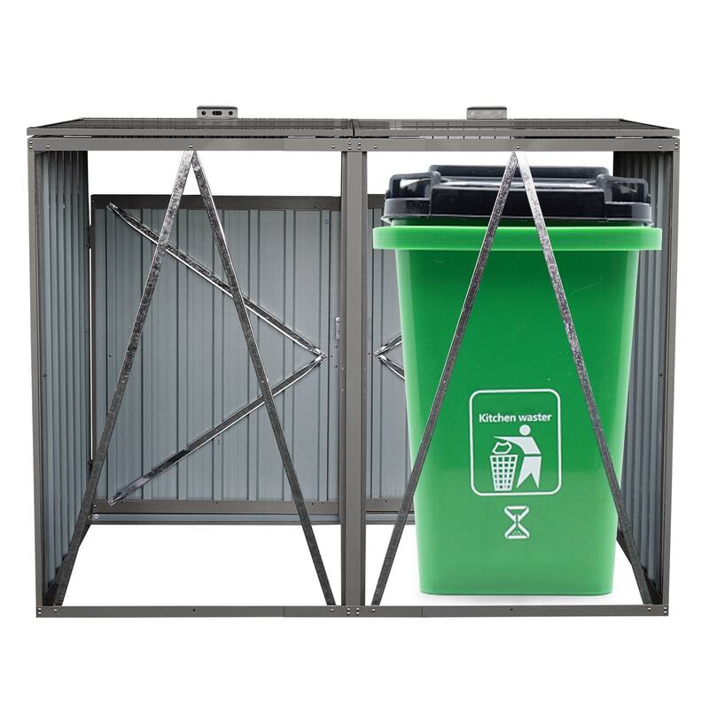 Anmytek Garbage Bin Shed Stores 2 Trash Cans Metal Outdoor Bin Shed for Garbage Storage,Stainless Galvanized Steel, Bin Shed