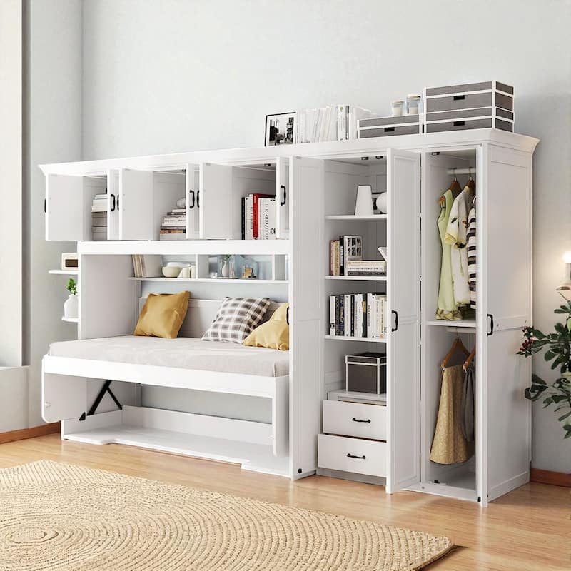 Twin Size Murphy Bed with Desk, Wardrobe, Cabinets & Drawers, Space-Saving Wall Bed for Small Apartments