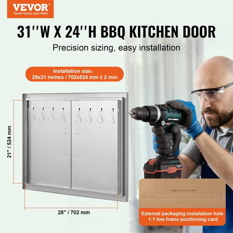 VEVOR BBQ Access Door, Stainless Steel Flush Mount, with Handles and Hooks