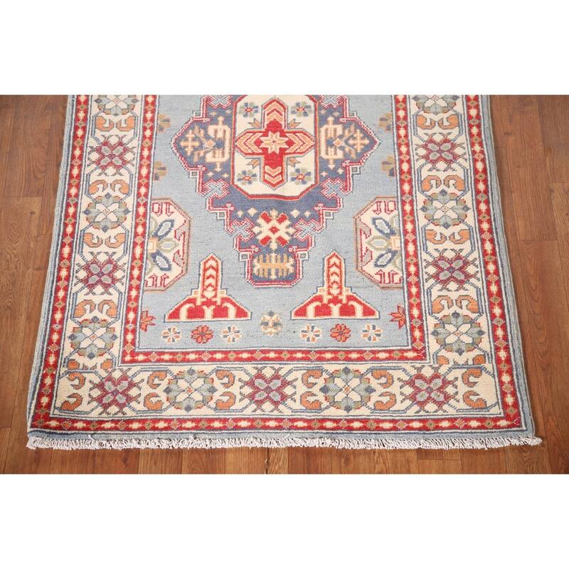 Light Blue Geometric Kazak Oriental Rug Handmade Wool Carpet - 3'2"x 4'8"