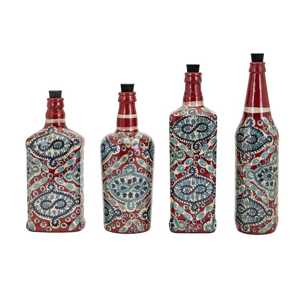 Set of 4 Red and Blue Country Rustic Hand Painted Bottles 11.5"
