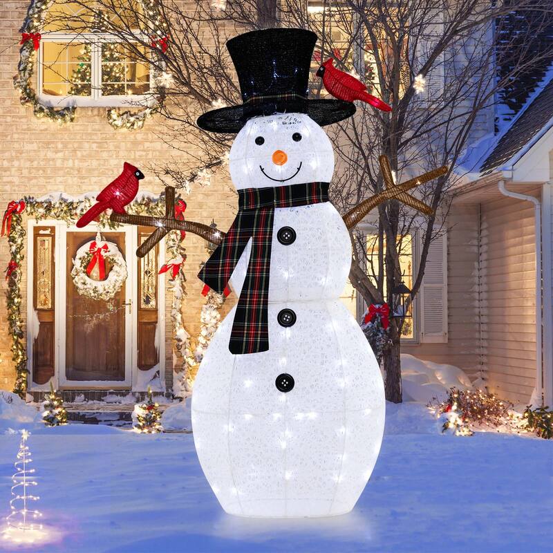 Costway 4.2 FT Pre-Lit Snowman & Redbirds Christmas Decoration with - See Details - Black/White/Red