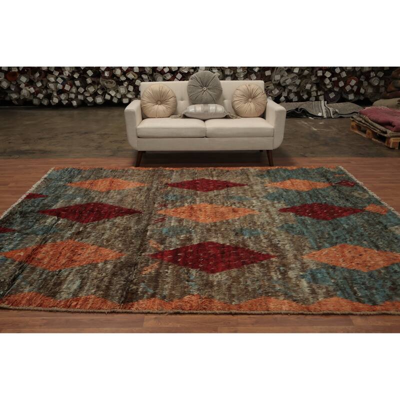 Hand Knotted Oriental 100% Wool Carpet Modern Tribal Brown Moroccan Area Rug - 10' 2'' X 7' 11''