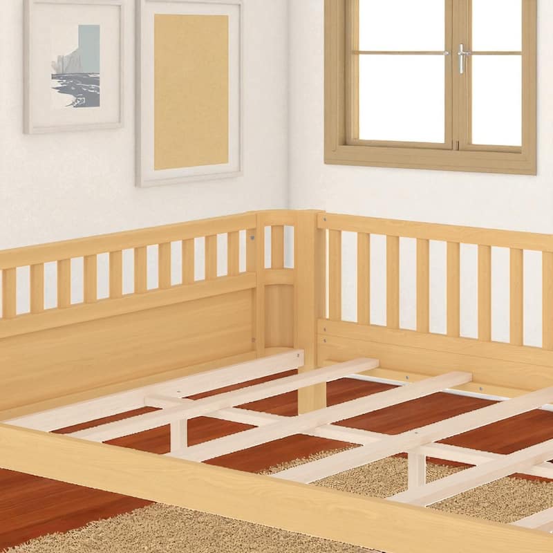 Wood Platform Bed with Guardrails & Detachable Fence, Twin/Full/Twin XL/Queen Size Kids Bed, Safety Design, No Box Spring