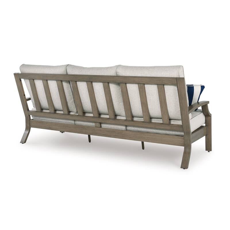 Inaya Outdoor Sofa, 4 Throw Pillows, Cream White, 89 Inch Brown Metal