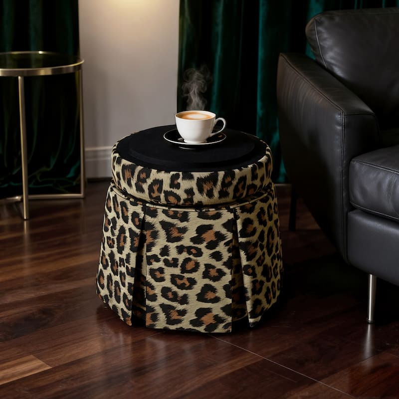 Round Storage Ottoman Footstool with Acacia Solid Wood Frame