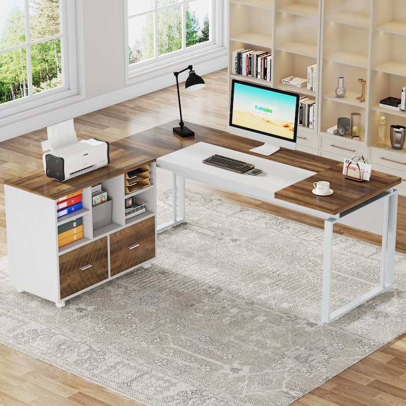 63" L-Shaped Computer Desk Executive Desks with Reversible File Cabinet and Storage Drawers for Home Office