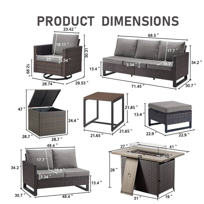 Gymojoy 9 Piece All-Weather Wicker Outdoor Patio Family Conversation Set Group With Fire Pit Table