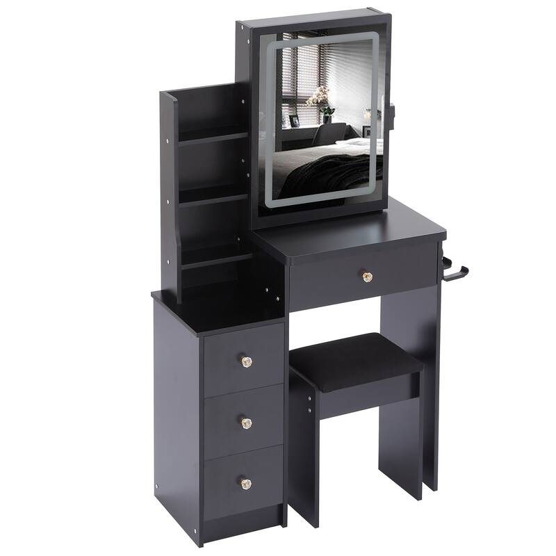 Makeup Vanity Desk with Slidding LED Lighted Mirror, Power Outlet & Hair Dryer Bracket, Small Dressing Table Set with Stool