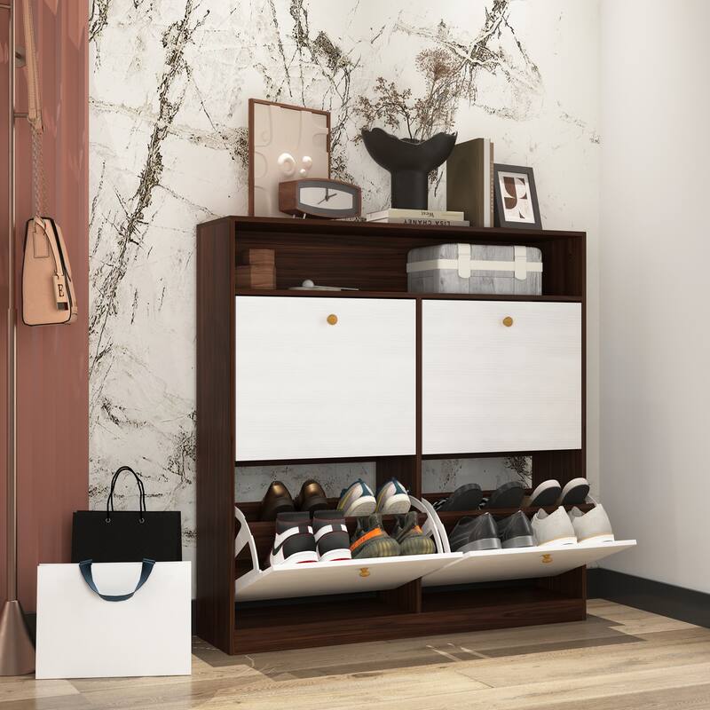 Sleek Shoe Cabinet with 4 Flip Drawers, Wooden Handle, and Anti-Tip Fitting for Narrow Spaces