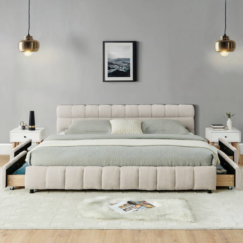 Block Thick Chenille Low Profile Platform Bed Fabric Upholstered Bedframe with Headboard Solid Wood Frame - Optional Storage Bed