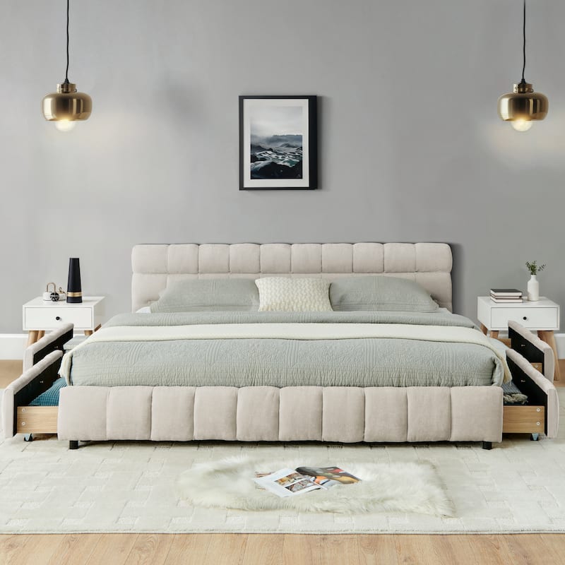 Modern Beige California King Upholstered Bed with Storage Drawers and Chenille Fabric Headboard