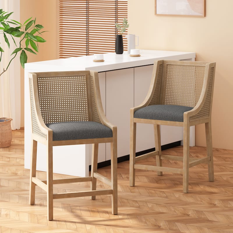 Christopher Knight Home Cataldo Fabric Upholstered Wood and Cane 25.5-Inch Counter Stools (Set of 2) - Charcoal