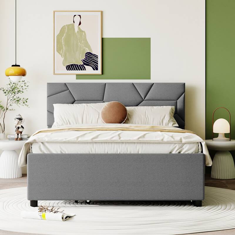 Full Size Upholstered Platform Bed with Brick Pattern Headboard and Twin Trundle, Linen Fabric, Gray