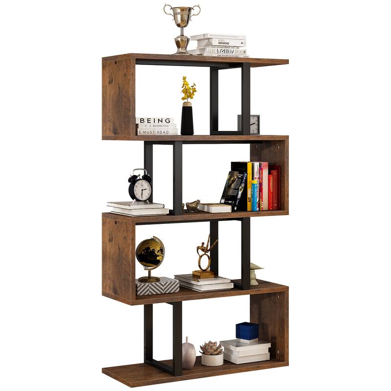 Hermoth Wood 5 Tiers Bookshelf S-Shaped Z-Shelf Style Bookcase Storage Display