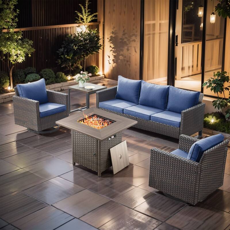 5 Pieces Fire Pit Table with Sofa Swivel Chair Set - Brown Wicker - Blue cushion