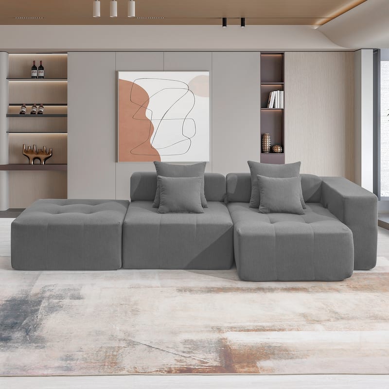 105.5'' Modular L-Shaped 3 Seater Sectional Sofa with Corduroy Upholstery, Tufted Design and 4 Pillows, No Assembly Needed