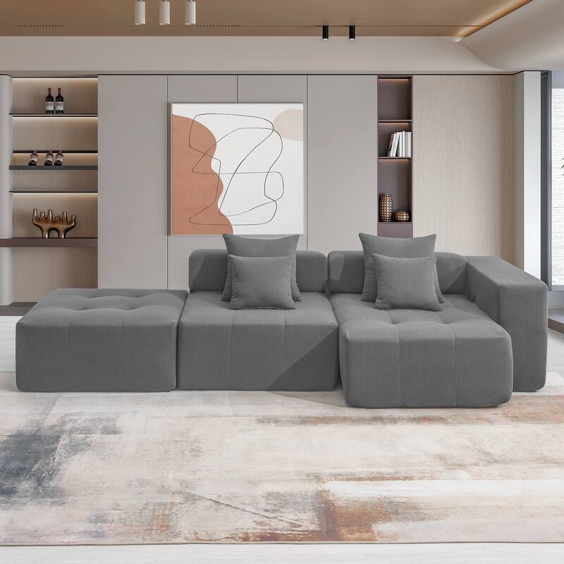 L Shaped Modular Cloud Sofa, Sectional Corduroy Couch - Gray