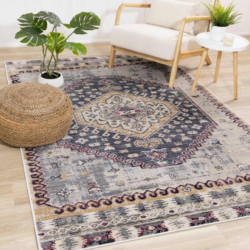 Sheffield Collection - Grey/Blue Medallion Border Rug