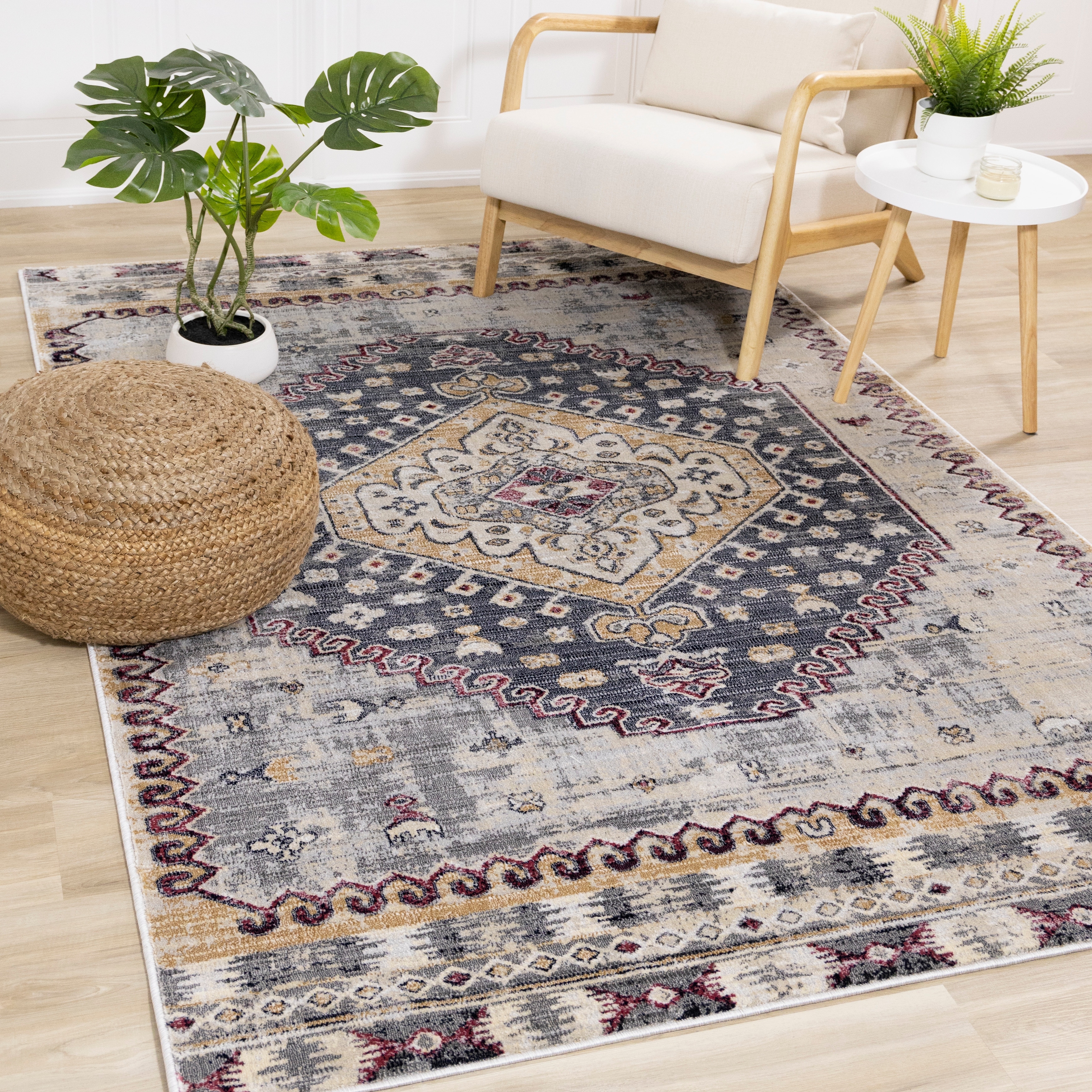 Sheffield Collection - Grey/Blue Medallion Border Rug