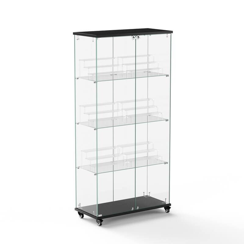 4 Tier Glass Display Cabinet, Double Door Glass Cabinet with Two Locks, Floor Standing Storage Cabinet with 6 Acrylic Shelves