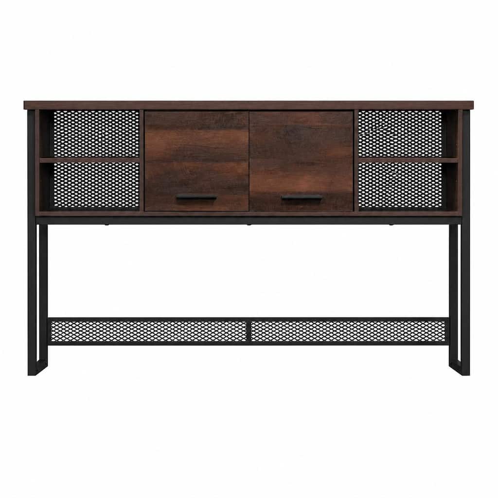Wood Hutch with Concealed Compartments, Brown - 64.57" W x 11.65" D x 36.77" H