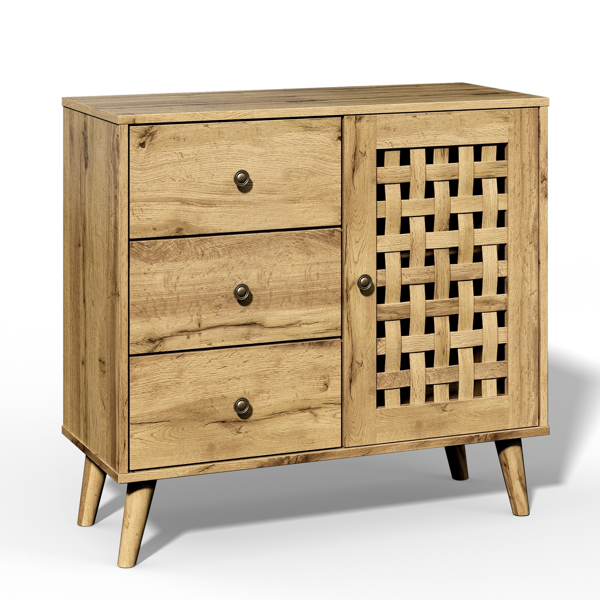 Vintage Wooden Storage Cabinet with Basket Weave Wooden Door & 3