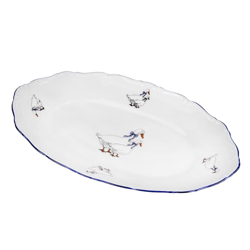 Goose Family 10" White Porcelain Serving Oval Dish - N/A