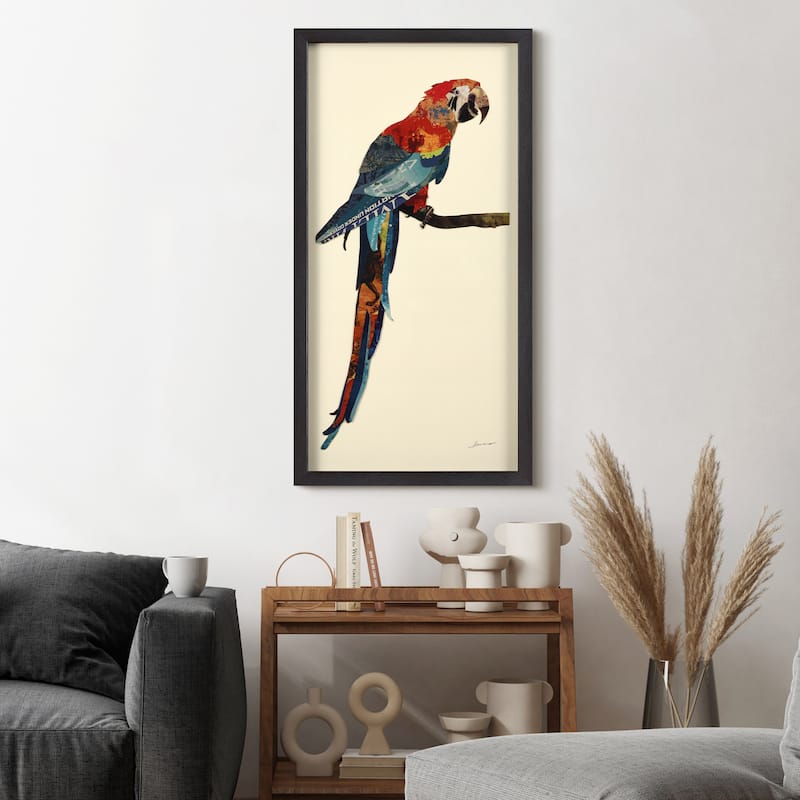 "Tropical Parrot" Alex Zeng's dimensional collage, under glass & a black shadow box frame
