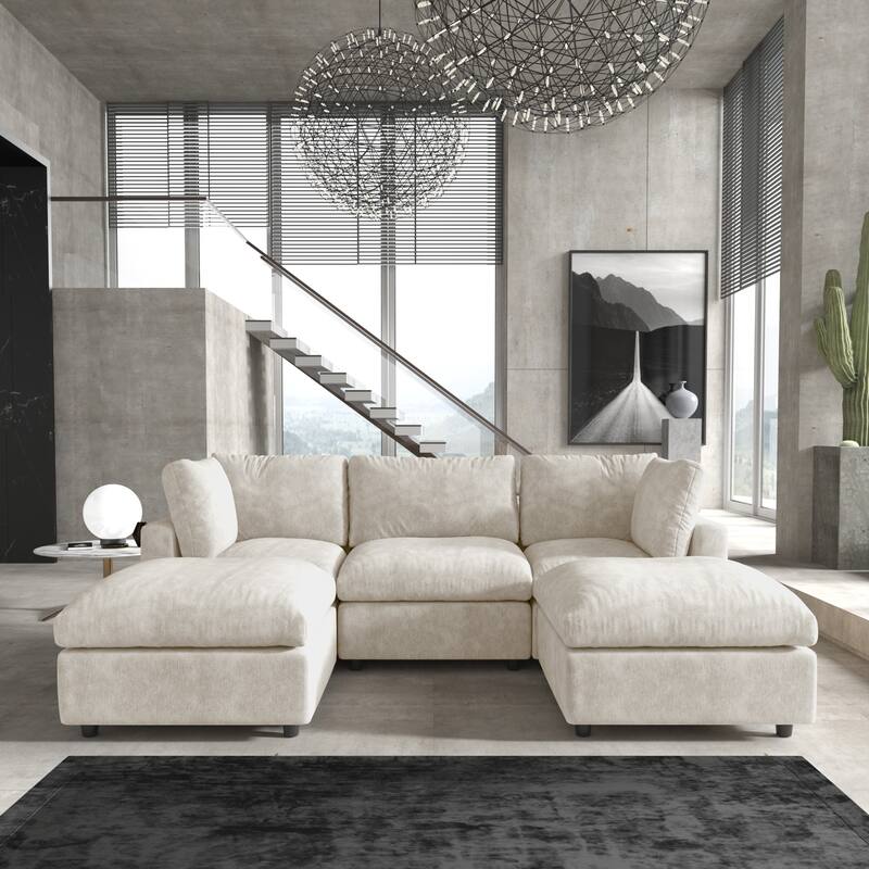 Minimalist U-shaped Upholstered Cloud Sofa 100.5" 3-Seater Chenille Modular Sectional Couch with 2 Ottomans for Living Room - Beige