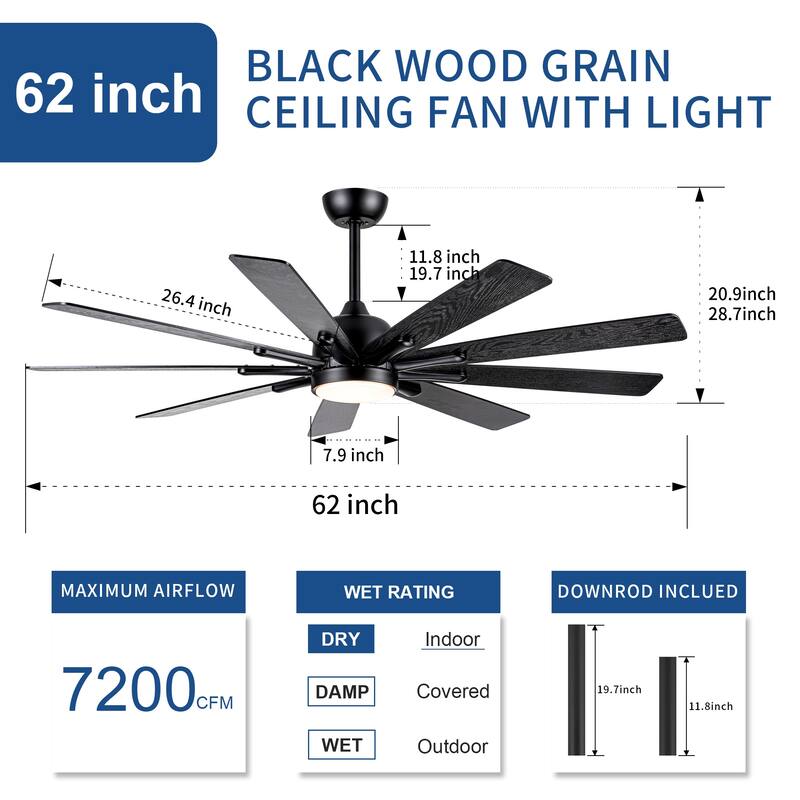 YUHAO 72 Inch Windmill Antique Black Industrial Wooden Large Ceiling Fans With LED Lights and Remote Control