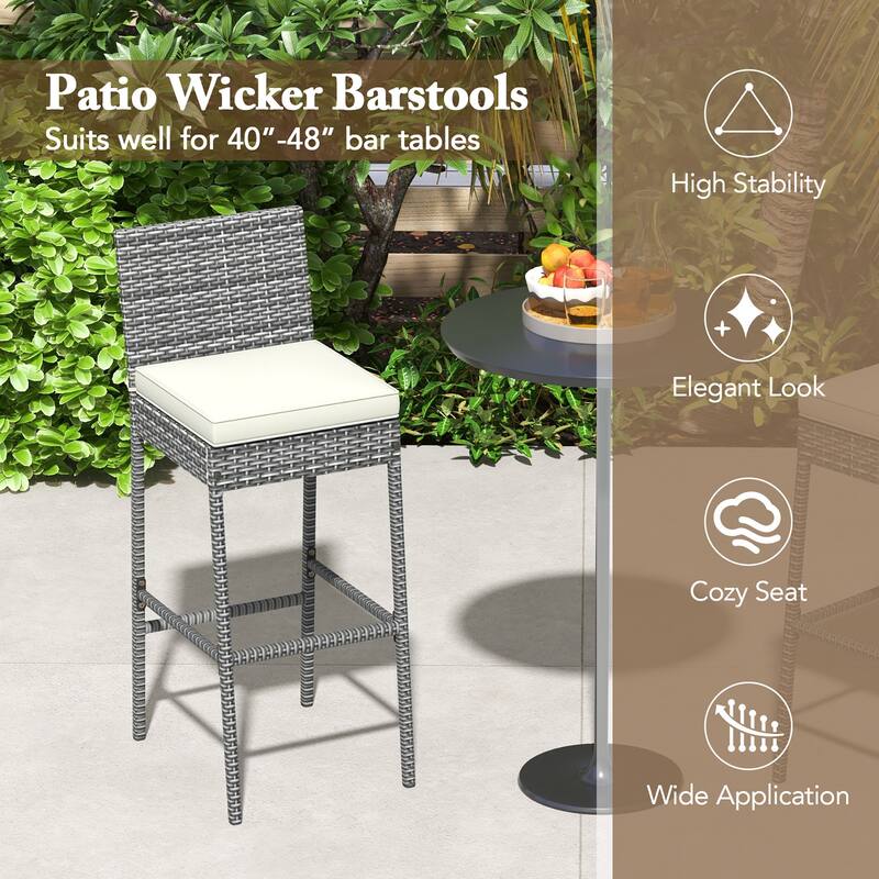 Gymax 2 PCS Patio Wicker Barstools Bar Height Chairs W/ Cushions