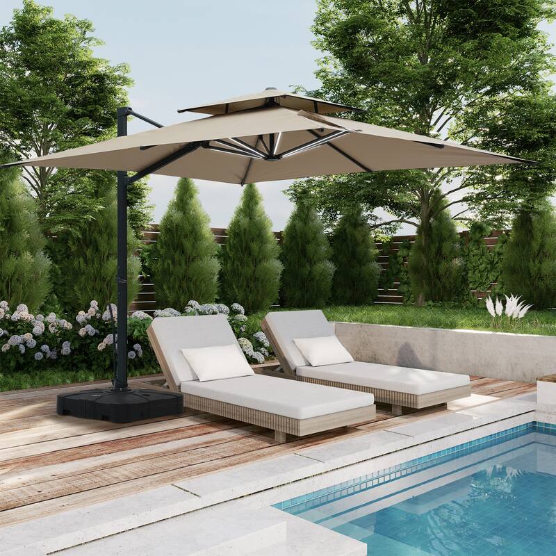 10ft Aluminum Square 2-Top Cantilever Market Umbrella with Base & Lights