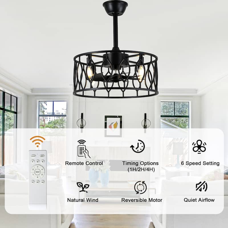 Bella Depot 19" Industrial Black Caged Ceiling Fan with Light Kit and Remote Control 6-Speed Reversible Motor - 18.9"