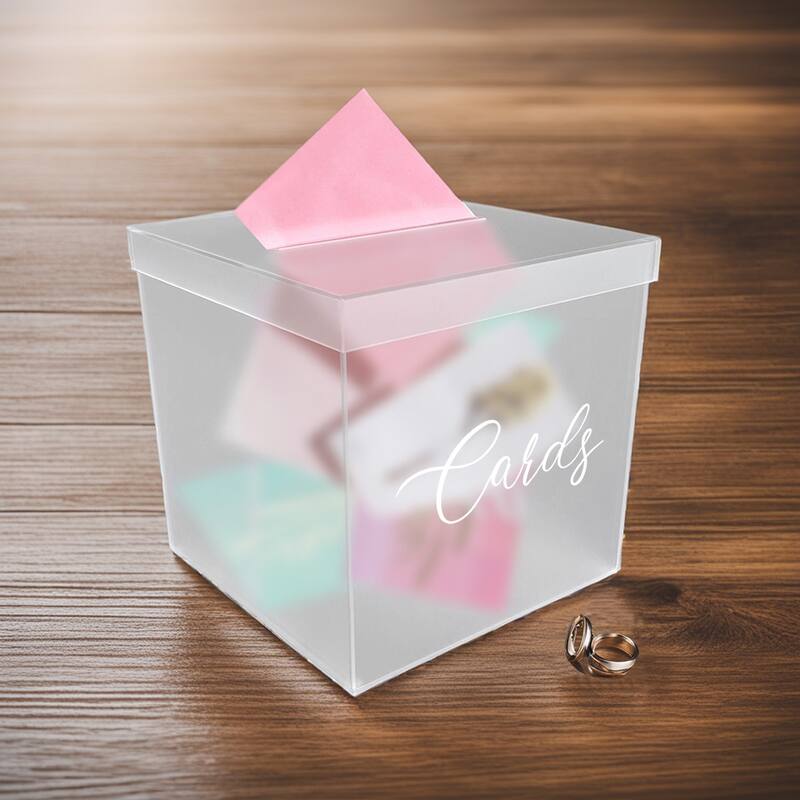 OnDisplay 10" Luxe Acrylic Clear Wedding Card Box w/Lid - Lucite Gift/Money Box - Frost w "Cards" print
