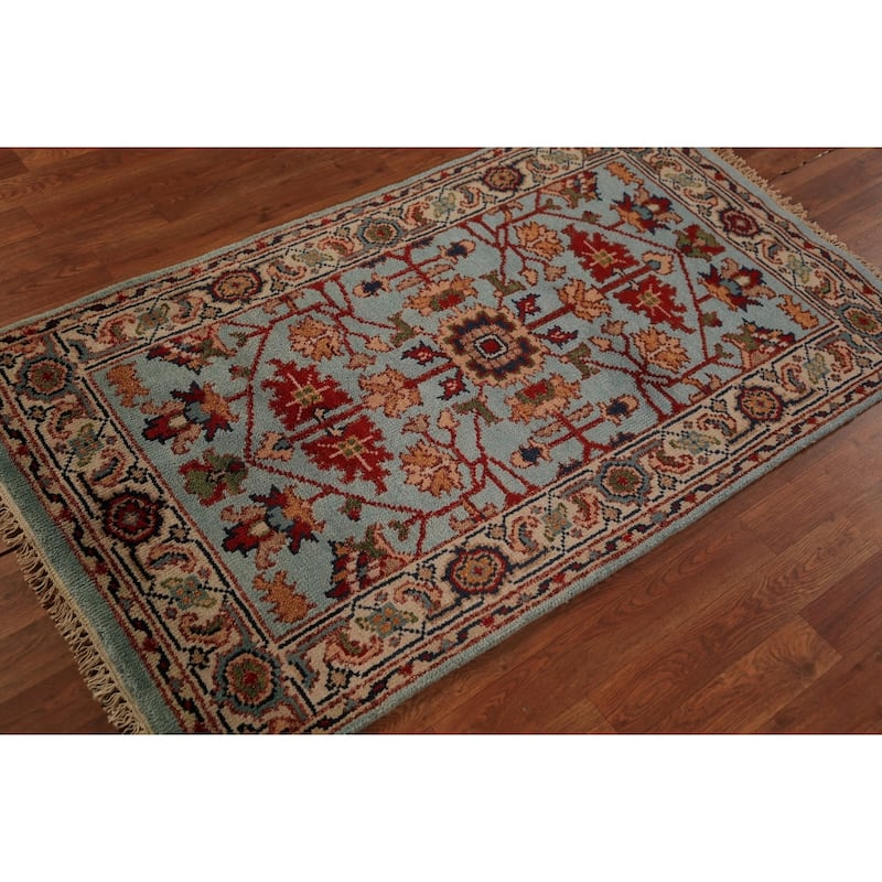 Light Blue Floral Oushak Indian Foyer Rug Handmade Wool Carpet - 2'11"x 5'1"