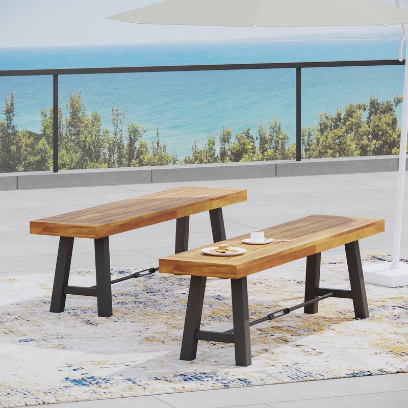 Roomfitters Outdoor Acacia Wood Bench with Black Metal Legs, Patio Dining or Garden Seating, Teak