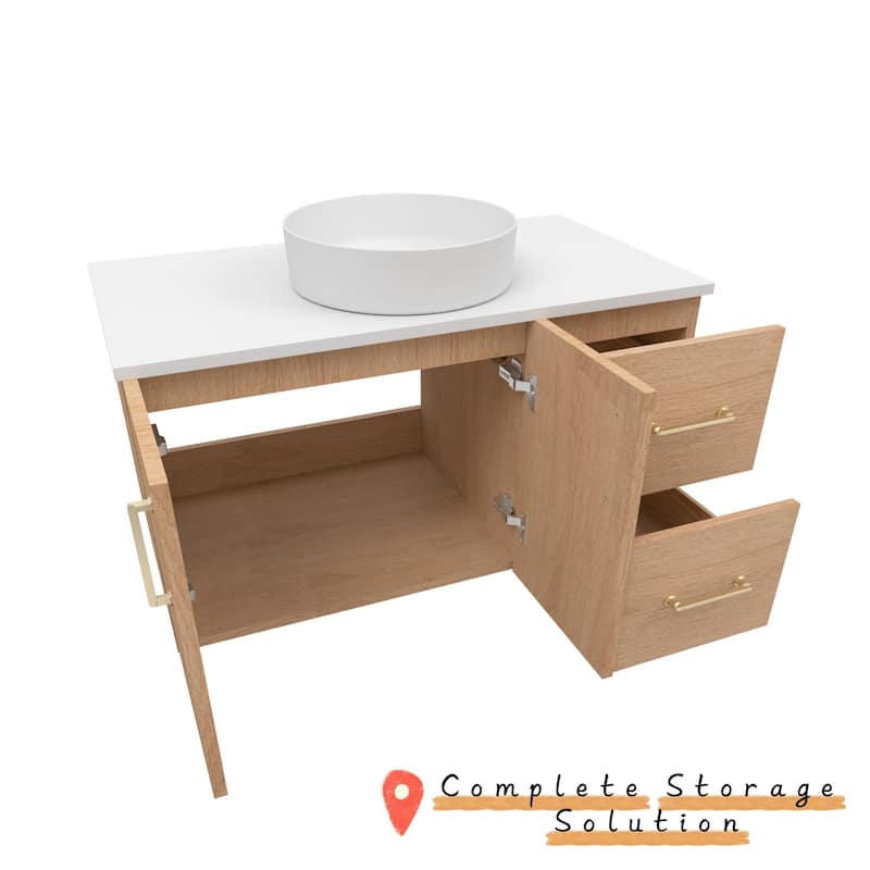 Prismella 36" 48" Floating Vanity with Round Vessel Sink, Quartz Top