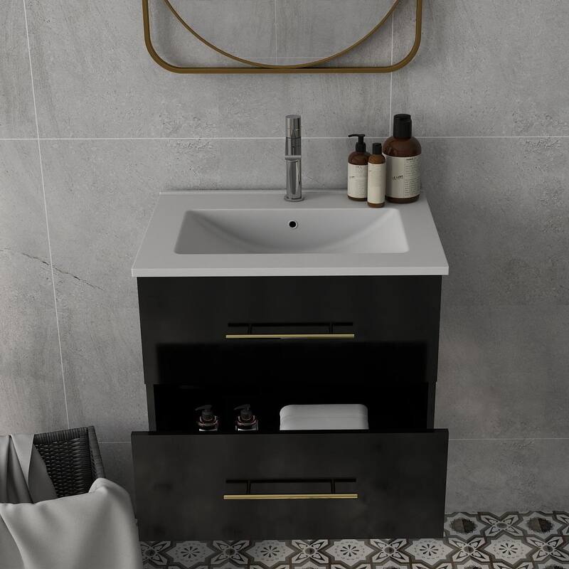 24-Inch Wall-Mounted Bathroom Vanity with Sink Combo,Double Drawers, Ceramic Basin, Easy Assemble,2 Storage Drawers