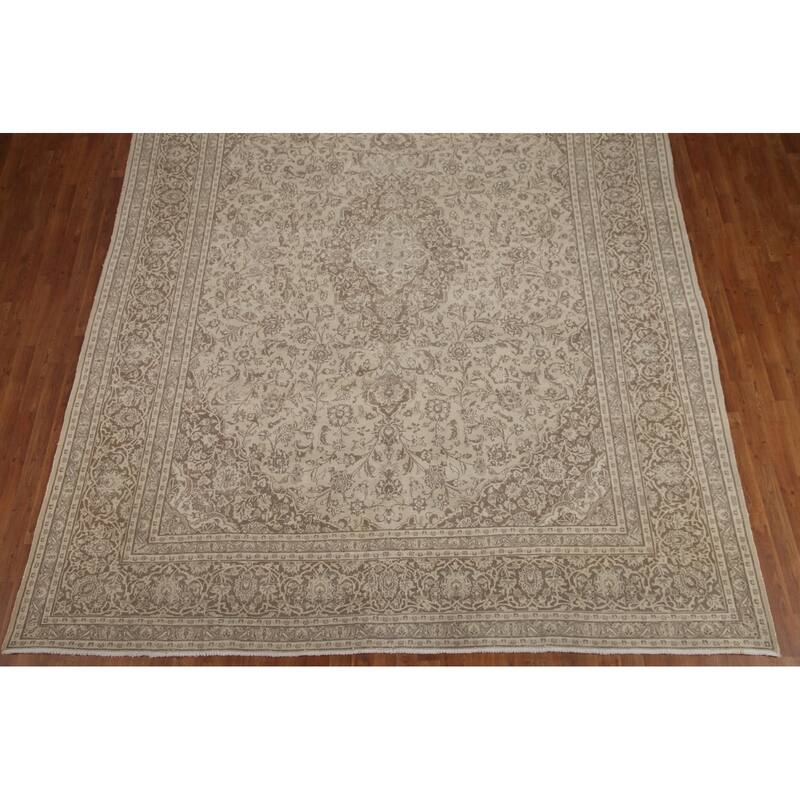 Hand Knotted Oriental 100% Wool Carpet Traditional Floral Beige & Ivories Mashad Area Rug - 12' 4'' X 9' 6''
