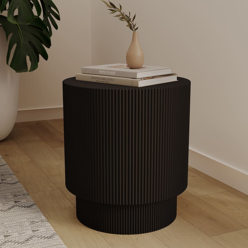 Eden Modern Wide Round Fiberstone Side Table with Accent Ribbed Design End Table for Living Rooms, Patios, and Gardens