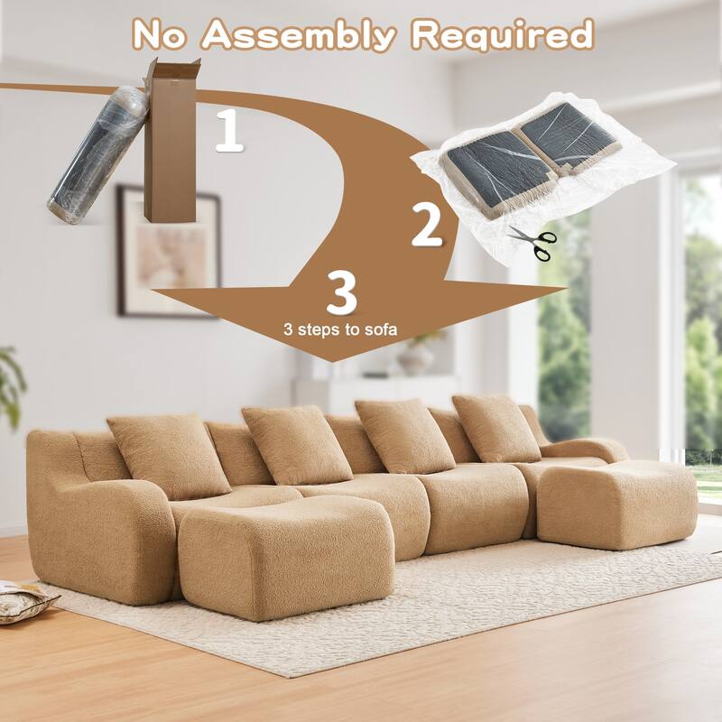 118" Modern U Shaped Modular Sectional Sofa, Boneless Couches for Living Room with Ottoman, 4 Seater Teddy Fabric Couch Sofa Set