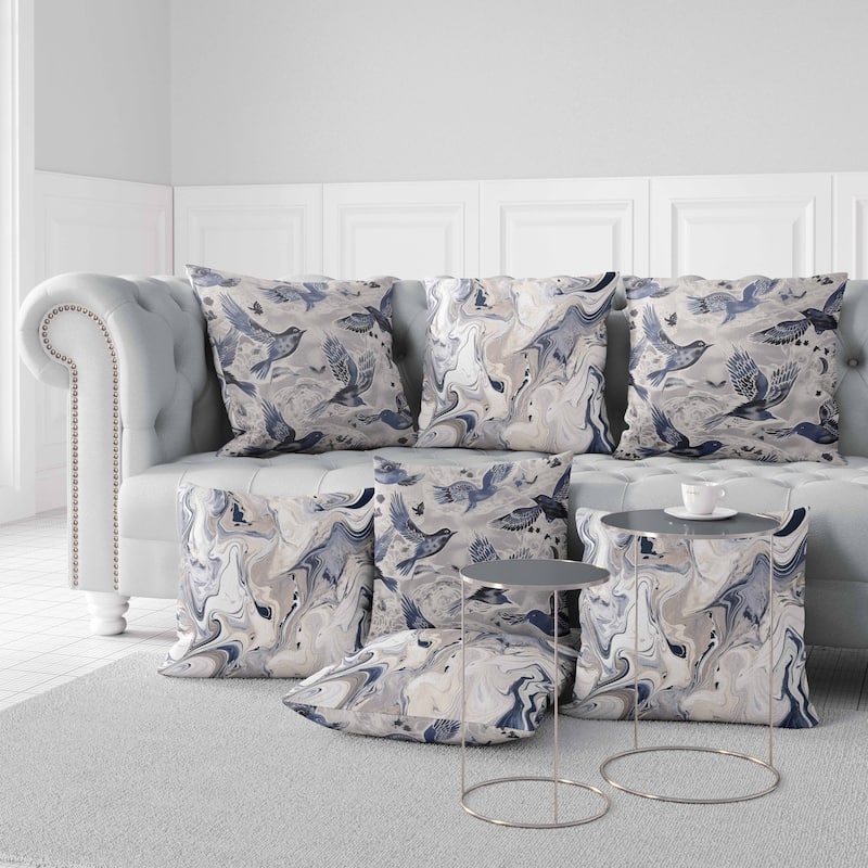 Silver And Blue Inferno Songbirds Indoor/Outdoor Throw Pillow Zipper