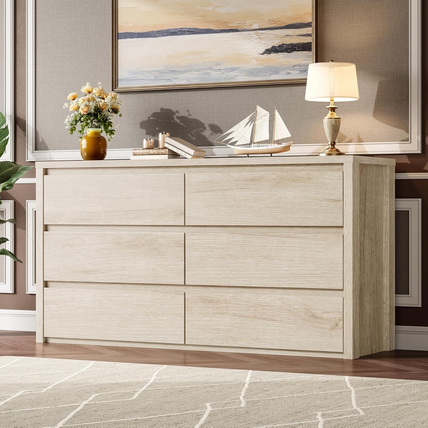 6 Drawer Dresser for Bedroom, Wide Handle-Free Wooden Chest of Drawers, Modern Storage Cabinet for Living Room