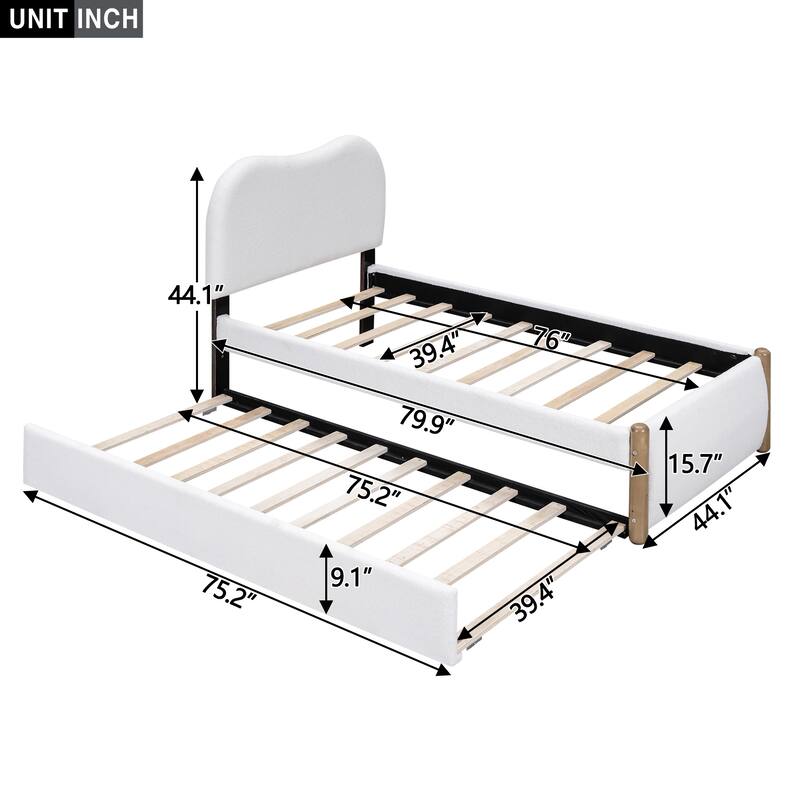 White Twin Size Upholstered Platform Bed with Trundle and Wood Feet