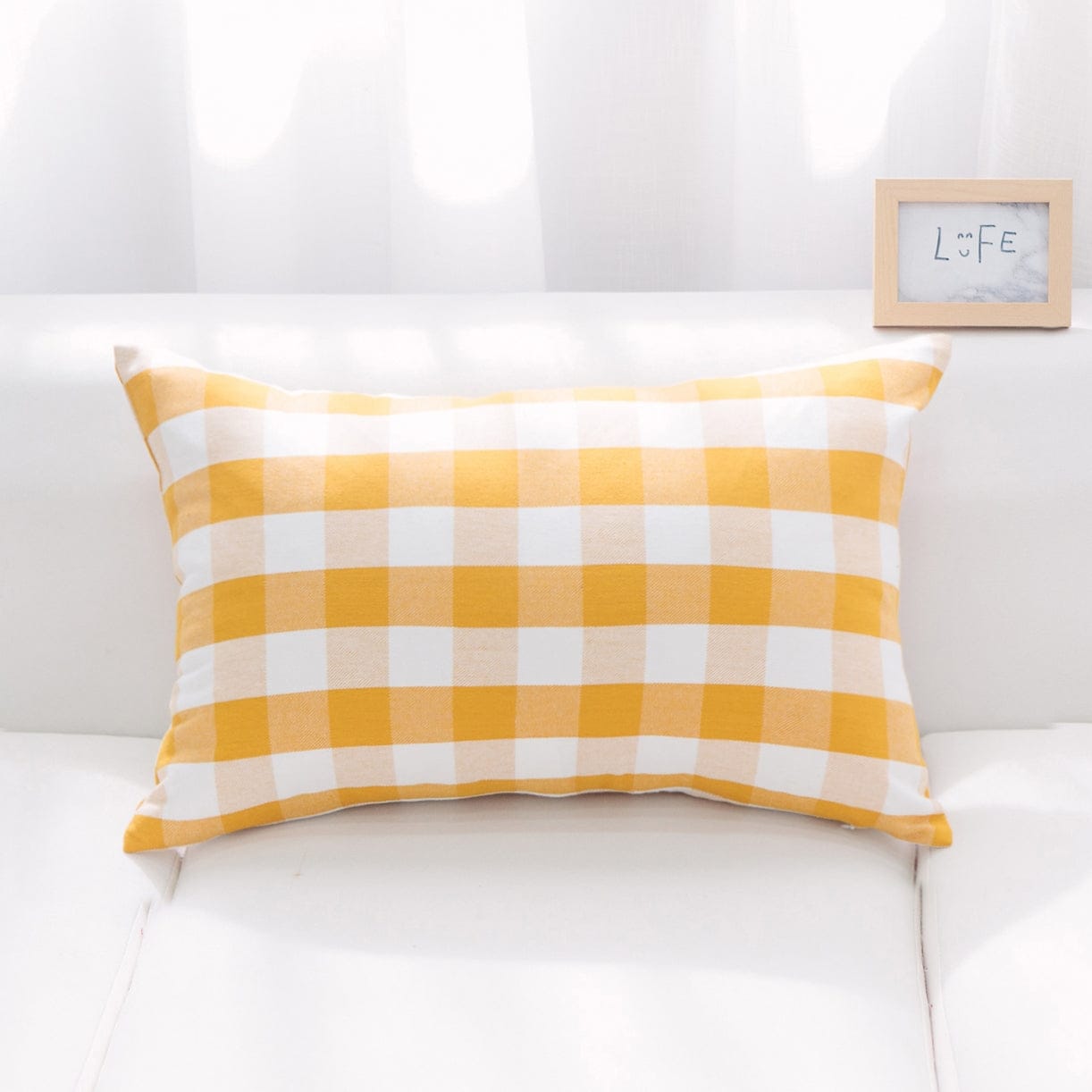 Yellow And White Buffalo Check Lumbar With Microgel Feather-Like Insert Pillow