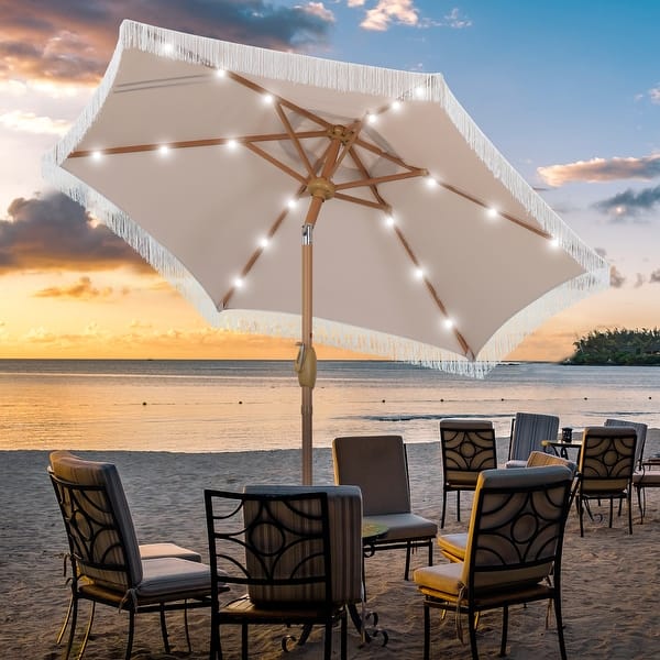 7ft offset patio umbrella Ainfox 7FT Outdoor Patio Umbrella with Tilt Fringe Tassel Umbrella with LED Solar Lights
